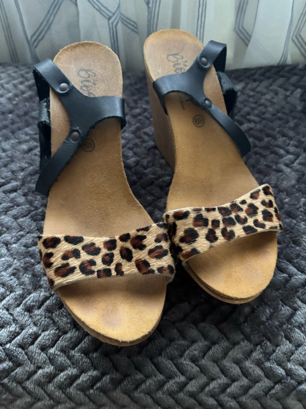 Leopard Print Wedge Sandals with Black Ankle Strap